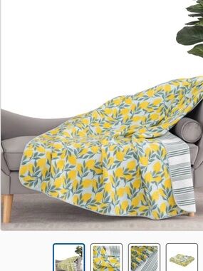 Yellow Leaf Print Quilted Throw Blanket by